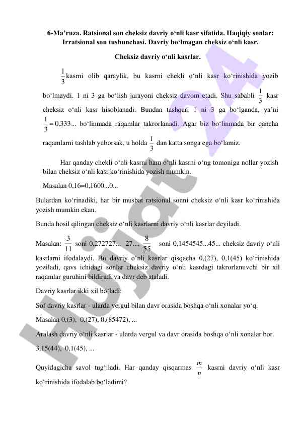 Chеksiz davriy o‘nli kasrlar haqida ma’ruza