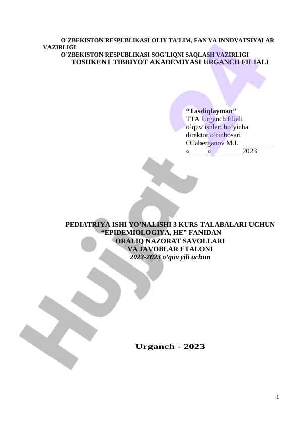 Epidemiologiya fanidan oralqi nazorat savollari