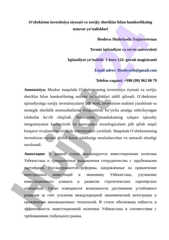 O‘zbekiston investitsiya siyosati va xorijiy hamkorlik