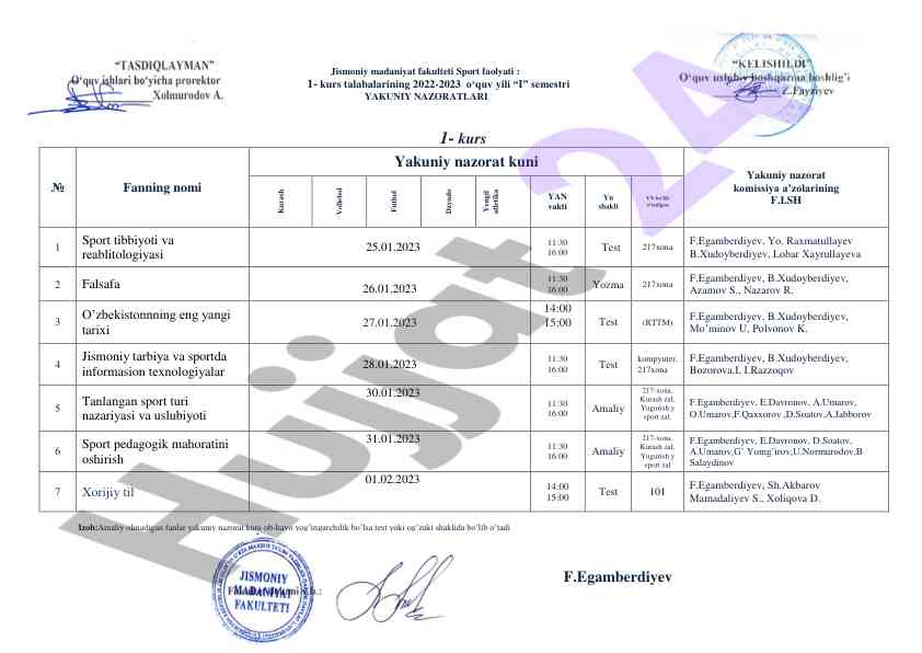 Yakuniy nazoratlar 1-kurs talabalari uchun