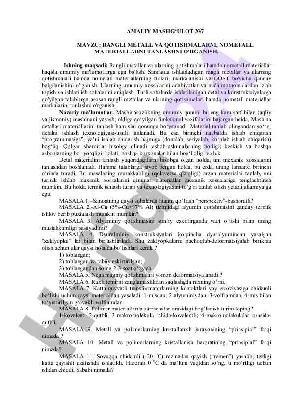 Rangli metall va qotishmalarni tanlash amaliy mashg'ulot
