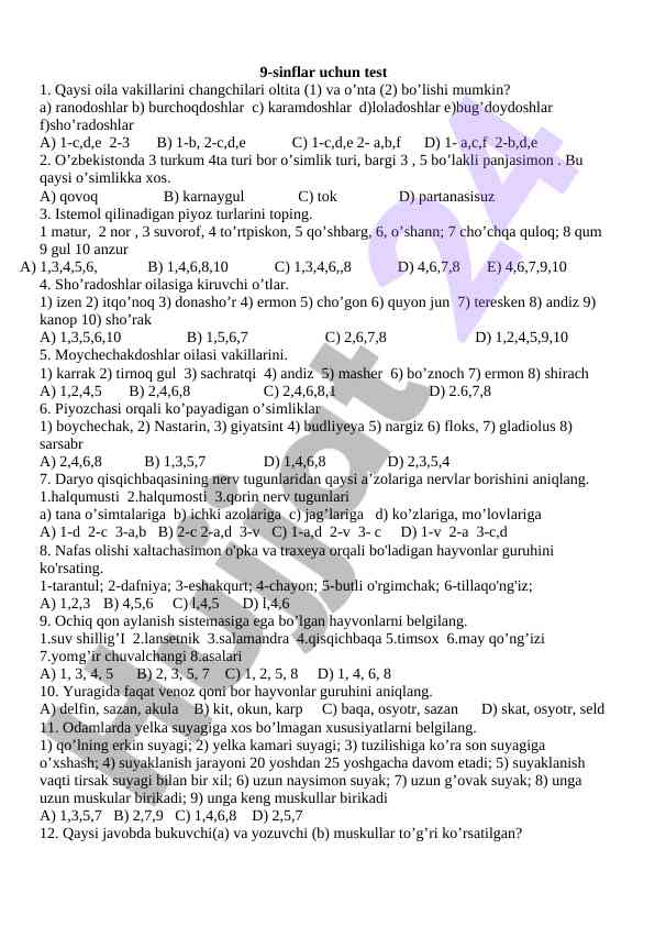 9-sinflar uchun o’simliklar test savollari