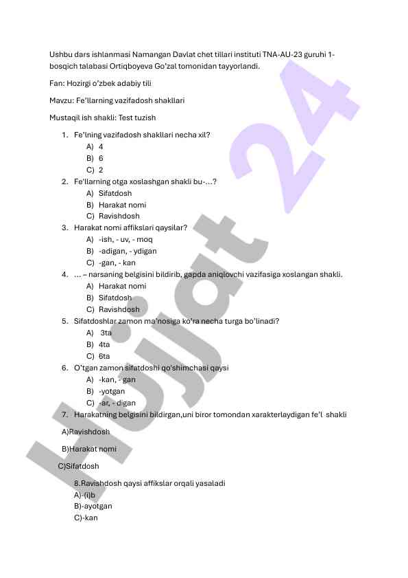 Fe'llarning vazifadosh shakllari test tuzi