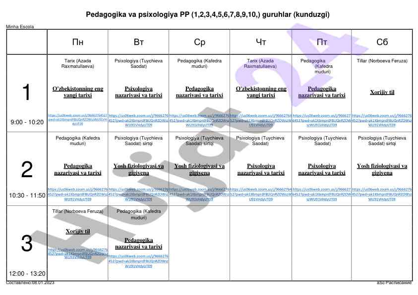 Pedagogika va psixologiya dars jadvali