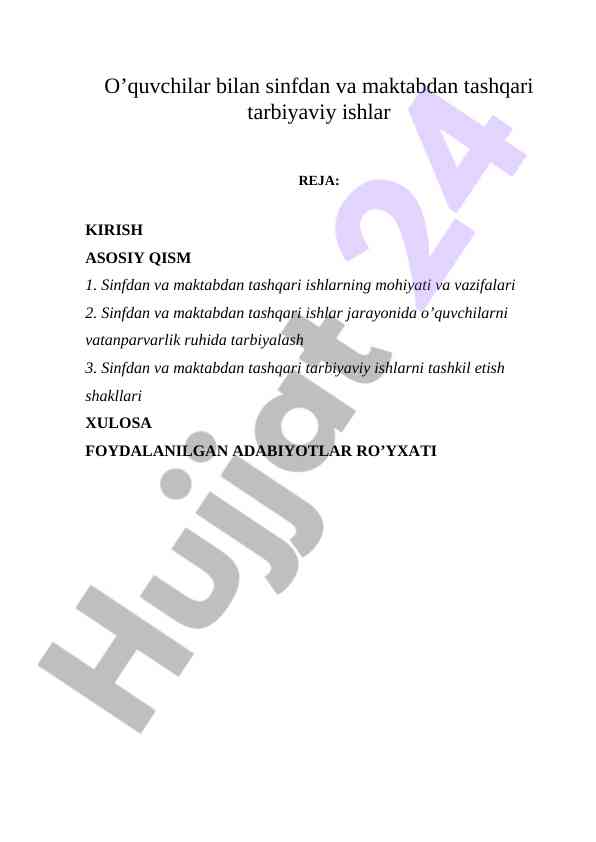 Sinfdan Tashqari Tarbiyaviy Ishlar Rejasi