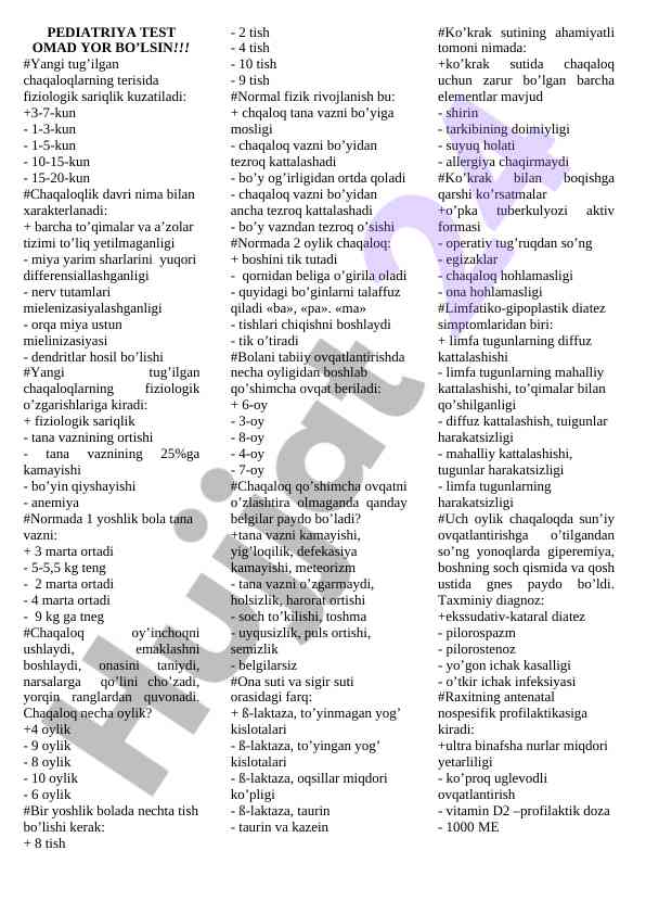Pediatriya test savollari va javoblari