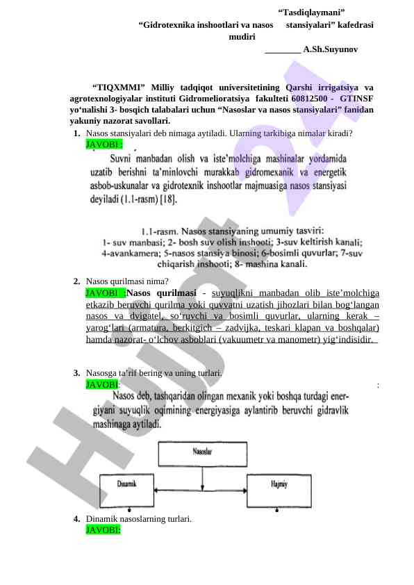 Nasoslar va nasos stansiyalari fanidan yakuniy nazorat