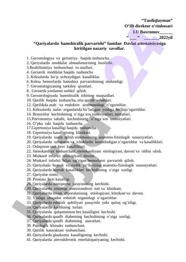 Qariyalarda hamshiralik parvarishi fanidan savollar