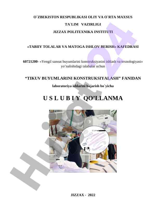 Tikuv buyumlarini konstruksiya qilish uslubiy qo‘llanma