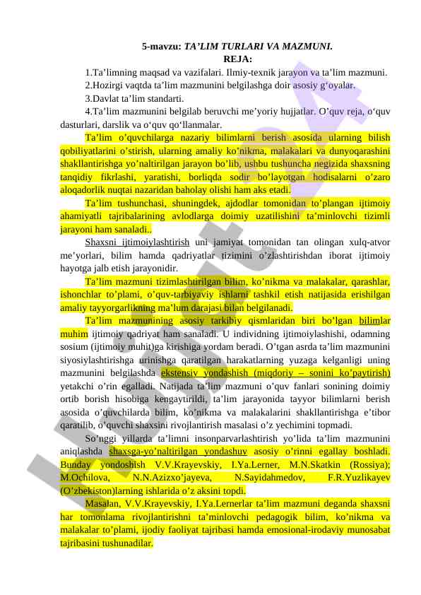 Ta'lim turlari va mazmuni tavsifi