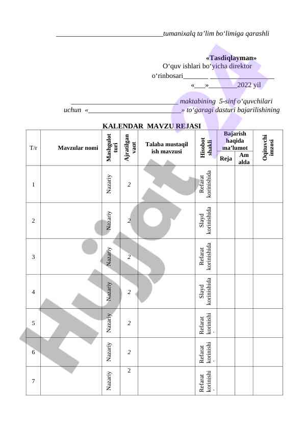 5-sinf o‘quvchilari uchun kalendar mavzu rejasi