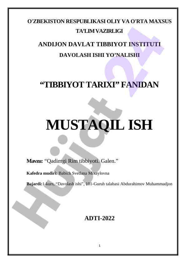 Qadimgi rim tibbiyoti galen haqida mustaqil ish