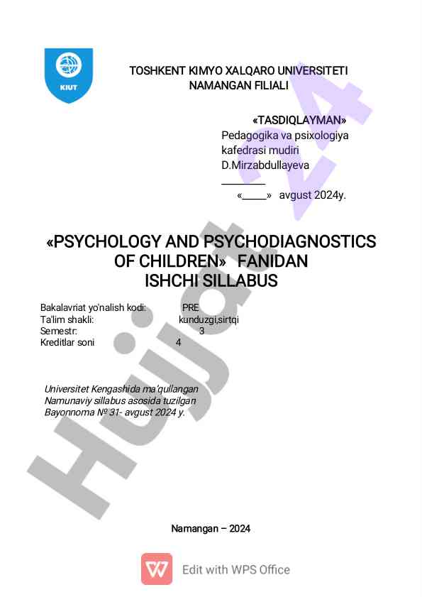 Psychology and psychodiagnostics of children syllabus