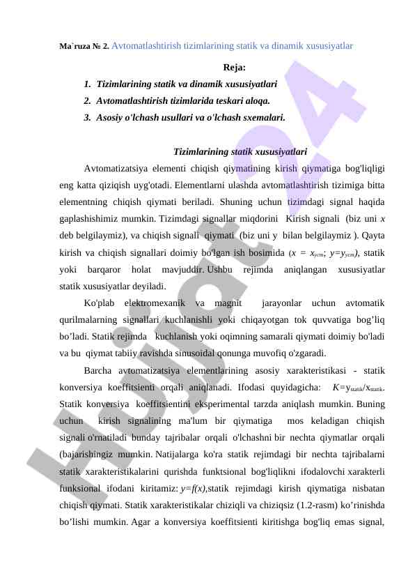 Avtomatlashtirish tizimlari statik va dinamik xususiyatlar