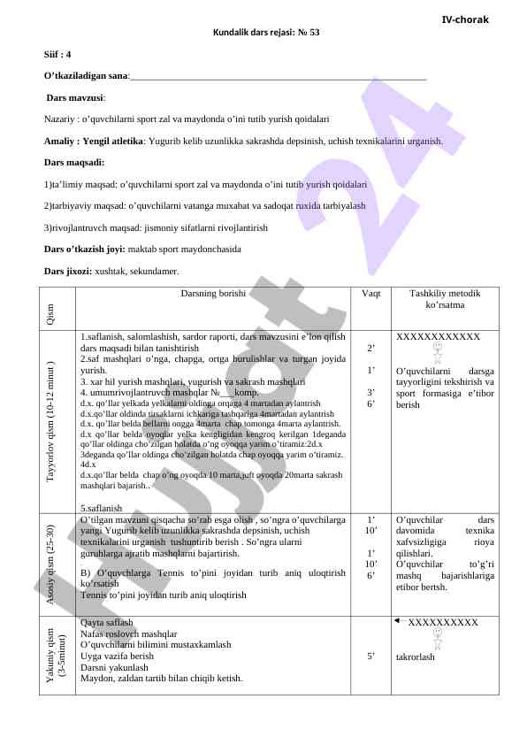 Kundalik dars rejasi va sport mavzusi