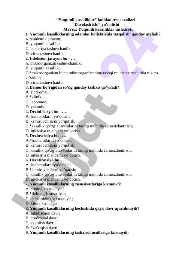 Yuqumli kasalliklar bo‘yicha test savollari