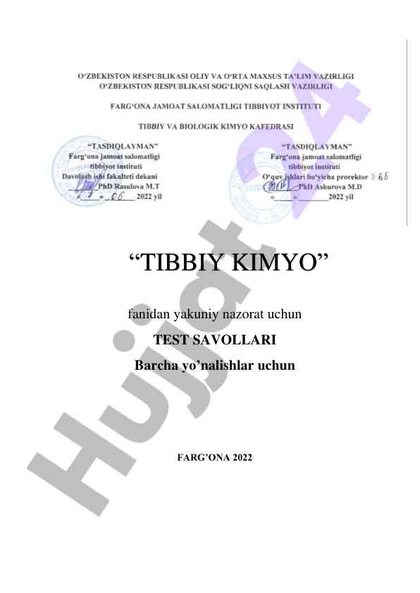 Tibbiy kimyo fanidan yakuniy nazorat test savollari