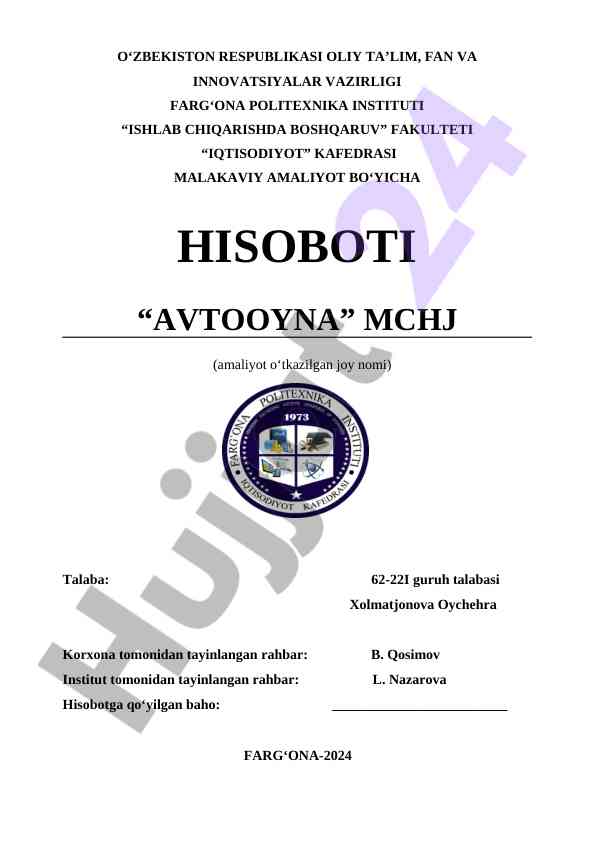 Avtooyna mchj amaliyot hisoboti