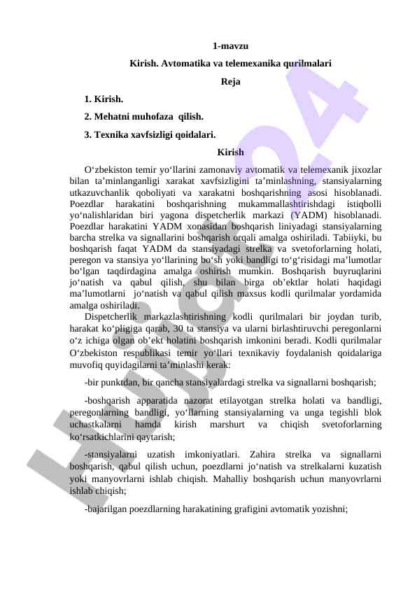 Avtomatika va telemexanika qurilmalari kiritish