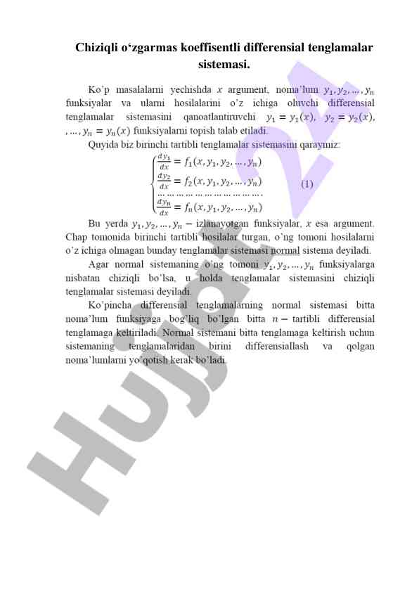 Chiziqli o‘zgarmas koeffisentli differensial tenglamalar