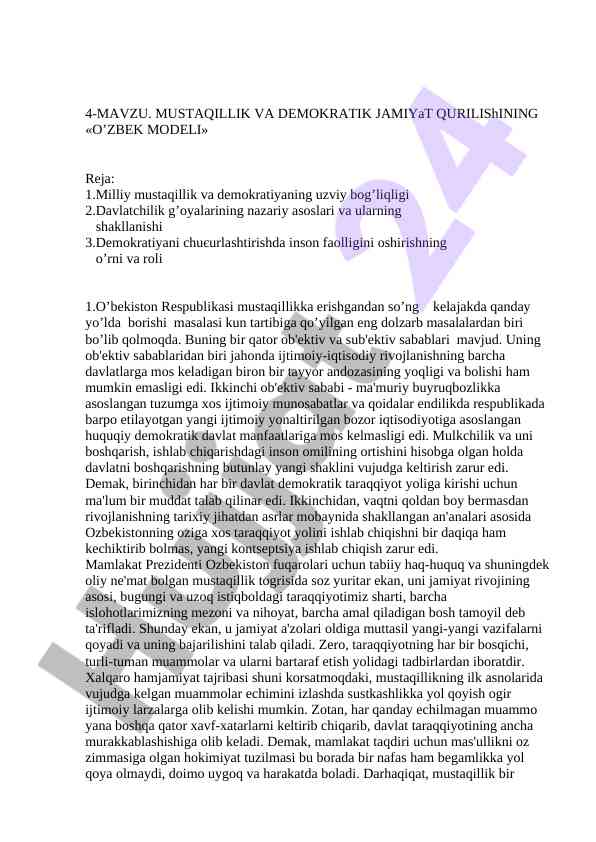 Mustaqillik va demokratik jamiyat qurilishi o’zbek modeli