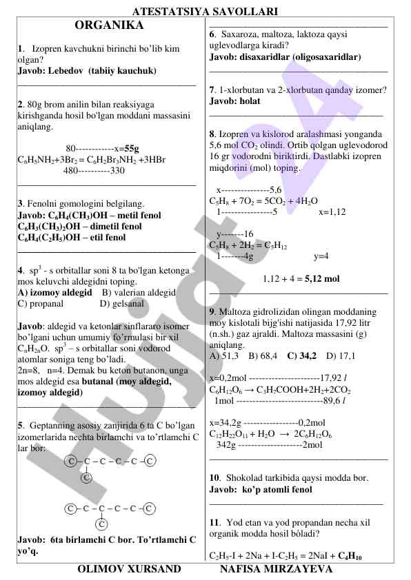 Organika fanidan test savollari