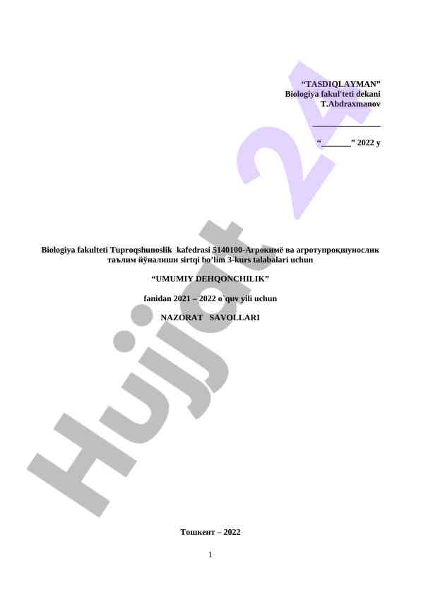 Umumiy dehqonchilik fanidan nazorat savollari