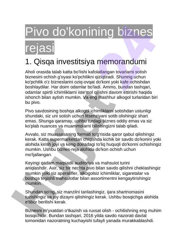 Pivo do'konining biznes rejasi va investitsiya takliflari