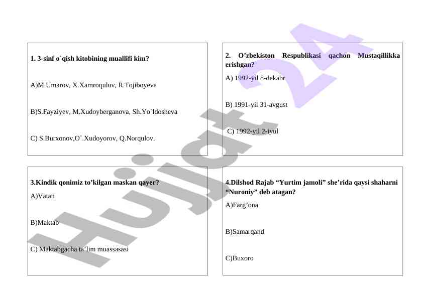 O‘zbekiston tarixi va adabiyoti test savollari