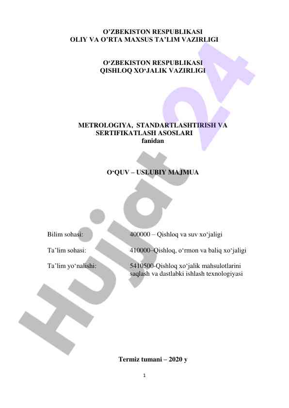 Metrologiya, standartlashtirish va sertifikatlash asoslari
