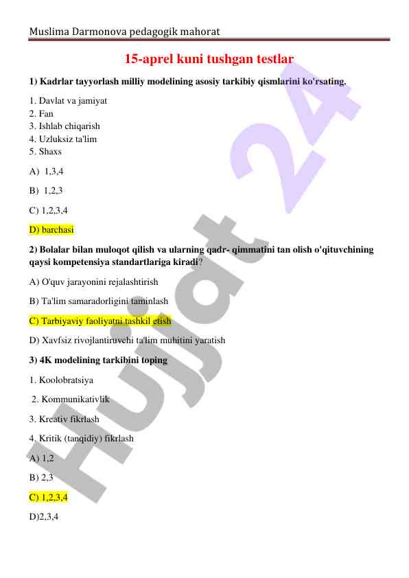 Pedagogik mahorat testlari haqida ma'lumotlar