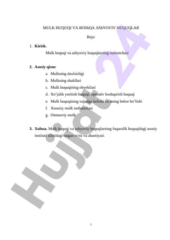 Mulk huquqi va ashyoviy huquqlarning tushunchasi