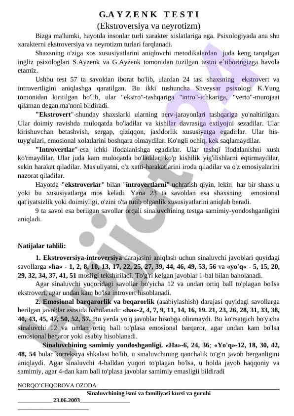 Ekstroversiya va neyrotizm testi haqida ma'lumot