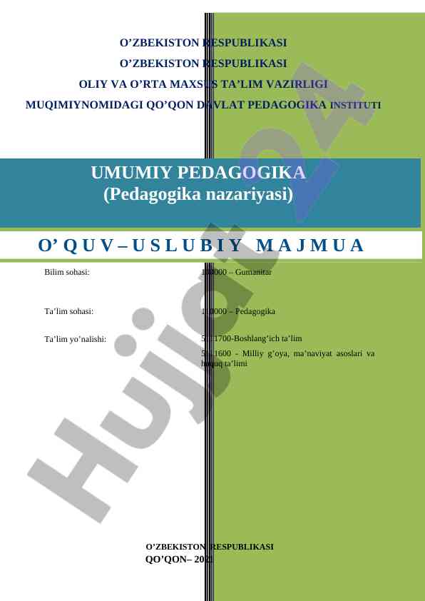 Umumiy pedagogika fani bo'yicha o'quv uslubiy majmuasi