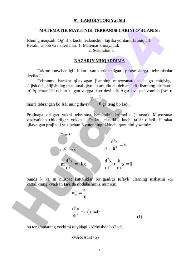 Laboratoriya ishlari matematik mayatnik tebranishlari