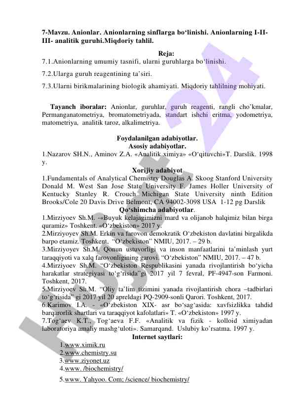 Anionlar va ularning sinflarga bo'linishi