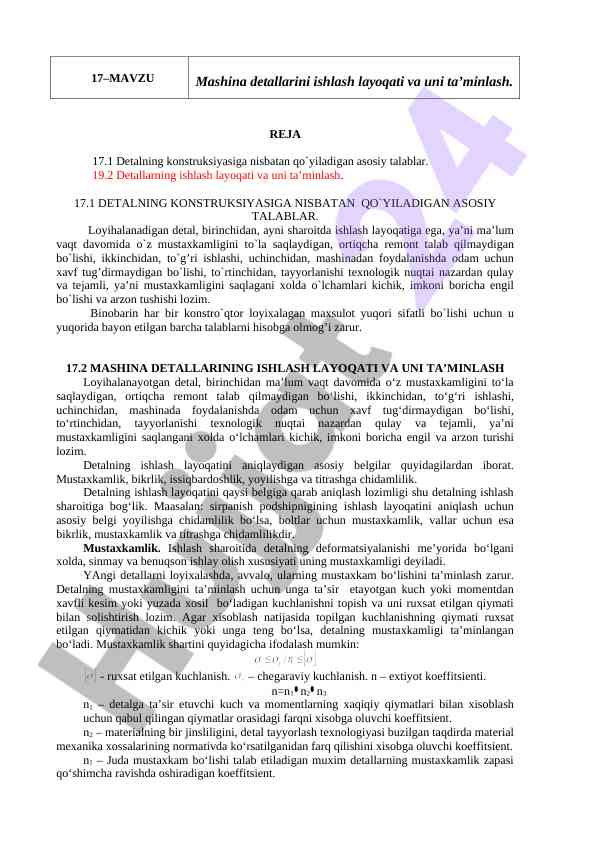 Mashina detallarini ishlash layoqati va ta'minlash