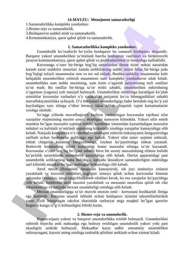 Menejment samaradorligi va unumdorlik