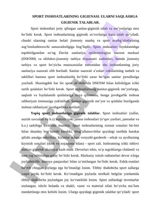Sport inshootlarining gigienasi va sanitariya talablari