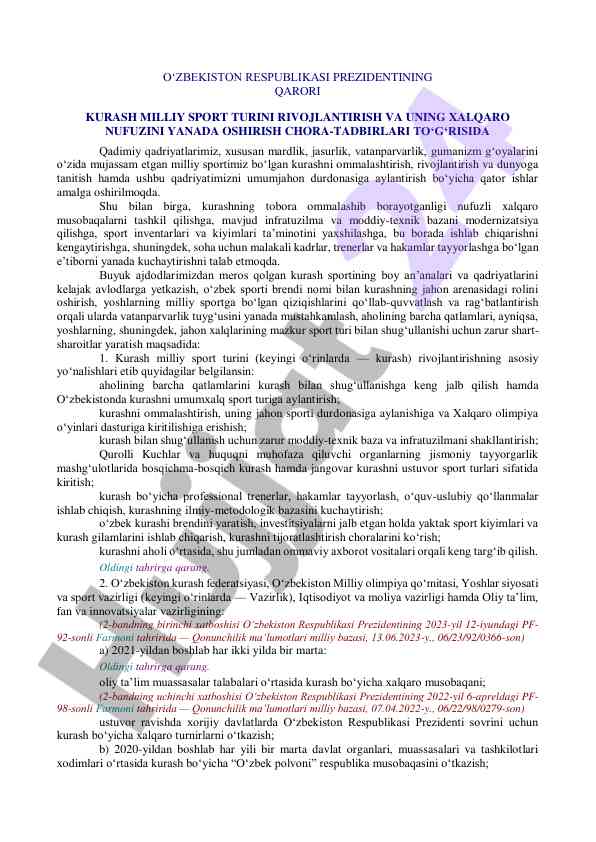 Kurash sportini rivojlantirish bo'yicha chora-tadbirlar