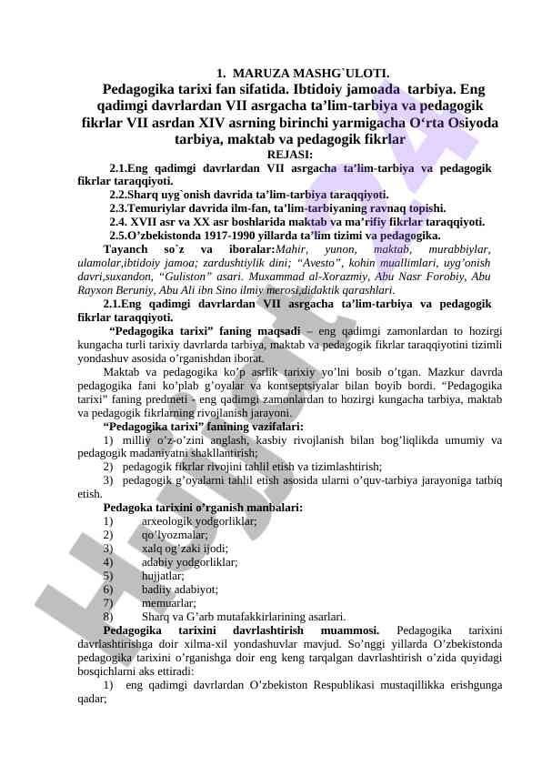 Pedagogika tarixi fan sifatida ta’lim-tarbiya