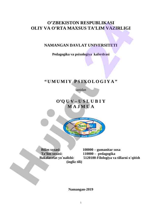 Umumiy psixologiya o'quv uslubiy majmua