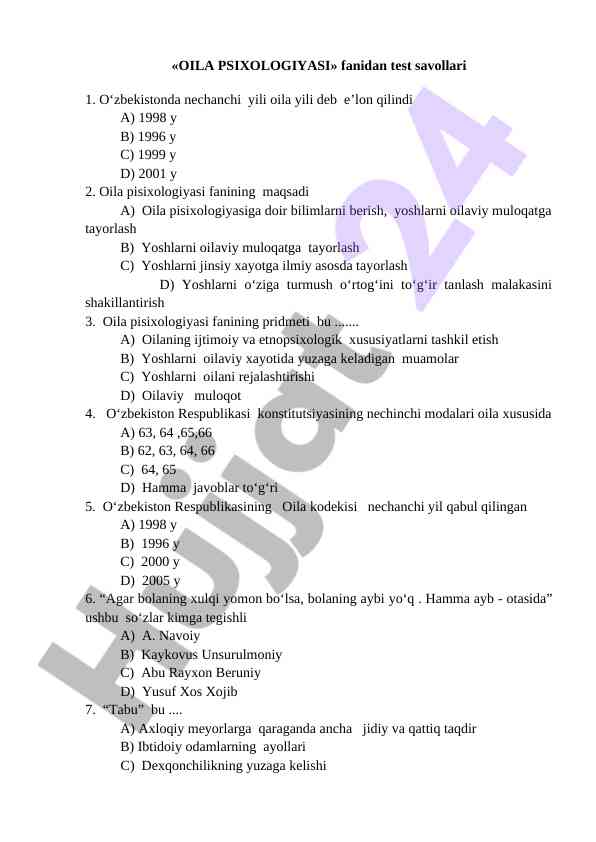 Oila psixologiyasi fanidan test savollari