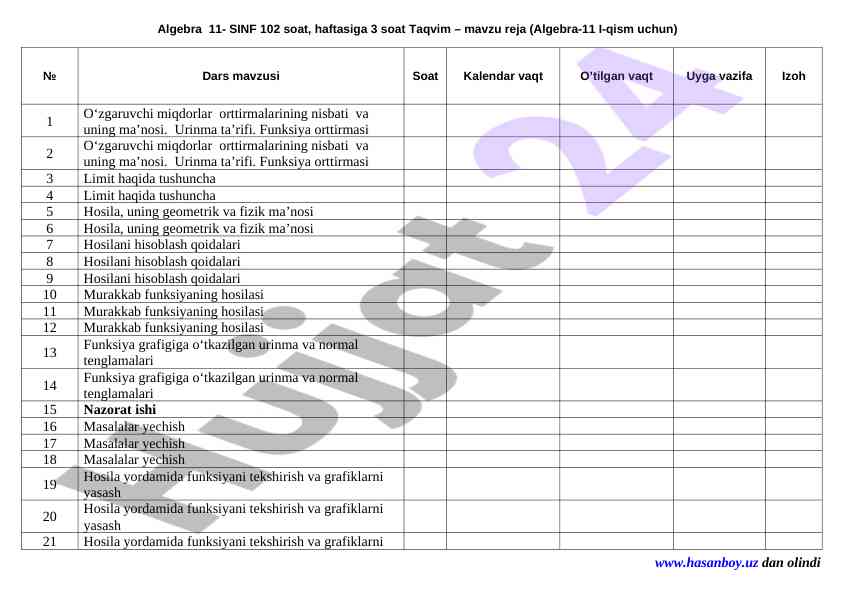 Algebra 11 mavzu reja i-qism