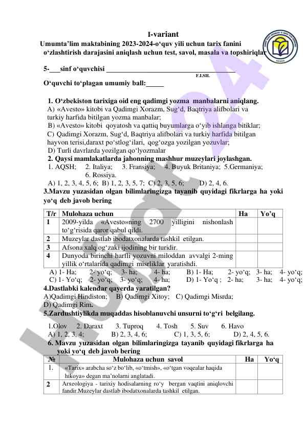Tarix fanidan test savollari 2023-2024