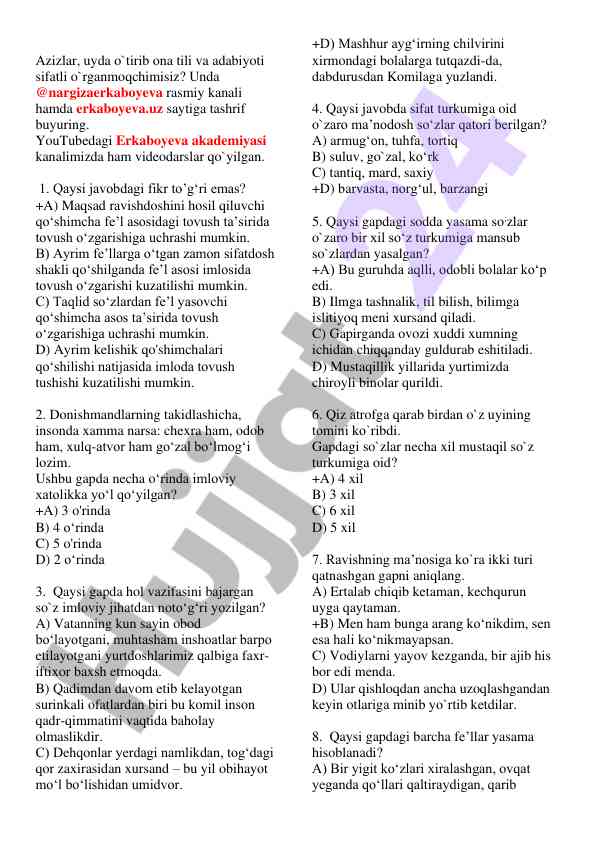 Ona tili va adabiyoti test savollari
