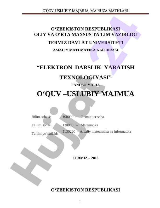 Elektron darslik yaratish texnologiyalari bo‘yicha o‘quv majmua
