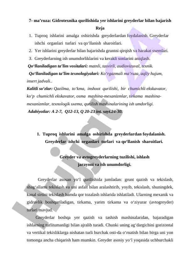 Gidrotexnika qurilishida greyderlar bilan yer ishlari
