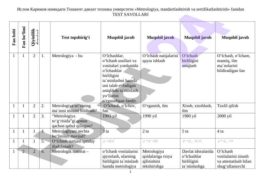 Metrologiya fanidan test savollari