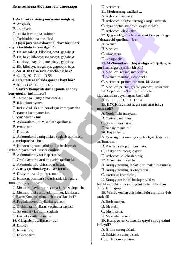 Iqtisodiyotda akt dan test savollari